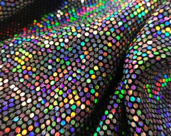 Silver Iridescent Hologram Round Sequins on a Metallic Black Spandex-Sold by the yard-