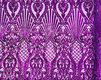 Purple shiny sequin shell damask design on a 4 way stretch mesh fabric -prom-sold by the yard.