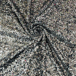 Silver stretch velvet with luxury sequins all over 5mm shining sequins 2-way stretch, sold by the yard.