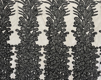New Vegas heavy beaded feather design embroidery on a mesh fabric-Sold by the panel-Black