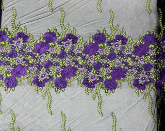Purple roses multi color floral design embroider on a Black mesh lace fabric-sold by the yard.