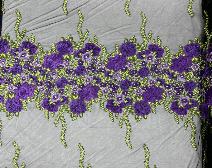 Purple roses multi color floral design embroider on a Black mesh lace fabric-sold by the yard.