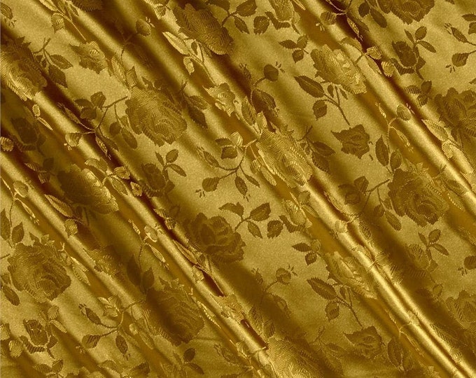 Dark Gold 60" Wide Polyester Flower Brocade Jacquard Satin Fabric, Sold By The Yard.