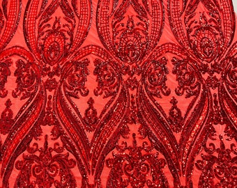 Red empire damask design with sequins embroider on a 4 way stretch mesh fabric-sold by the yard.