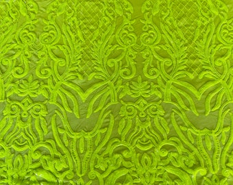 Neon Yellow sequins damask design embroidery on a 4 way stretch power mesh-dresses-fashion-apparel-prom-nightgown-sold by the yard.