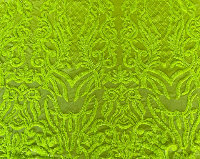 Neon Yellow sequins damask design embroidery on a 4 way stretch power mesh-dresses-fashion-apparel-prom-nightgown-sold by the yard.