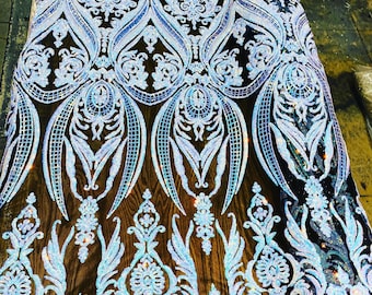 Opal iridescent sequin damask design on a black 4 way stretch mesh-48”-50”prom-nightgown-sold by the yard.