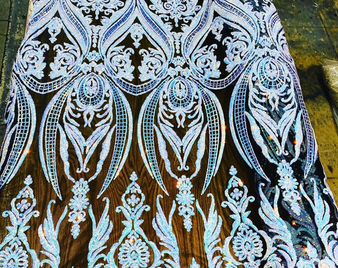 Opal iridescent sequin damask design on a black 4 way stretch mesh-48”-50”prom-nightgown-sold by the yard.