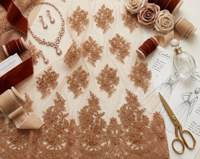 Cinnamon Beaded Mesh Lace Fabric by the Yard, Embroidered Bridal Lace for Prom Dress, Wedding Gown, Evening Wear, Couture Fabric