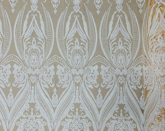 White empire damask design with sequins embroider on a Nude 4 way stretch mesh fabric-sold by the yard.