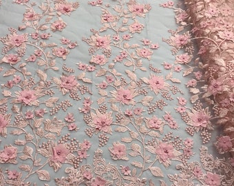 Pink 3d floral design embroidery with pearls on a mesh lace-dresses-apparel-fashion-prom-nightgown-sold by the yard.