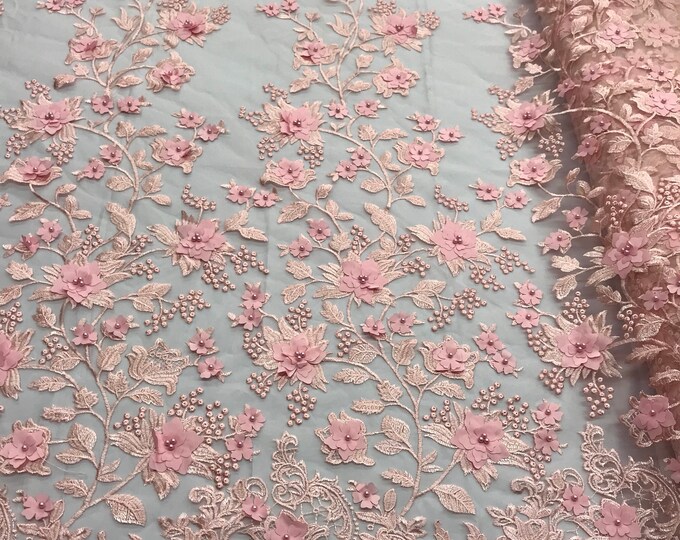 Pink 3d floral design embroidery with pearls on a mesh lace-dresses-apparel-fashion-prom-nightgown-sold by the yard.