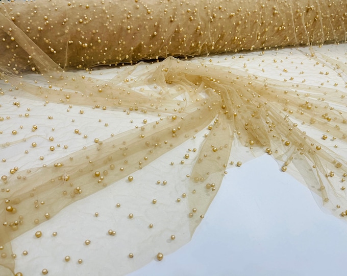 Gold Heavy Scattered Pearls Studded Mesh, 2-Way Stretch, sold by the yard.