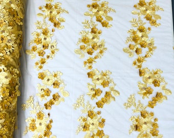 Gold Diana 3d floral design embroider with pearls in a mesh lace-sold by the yard.