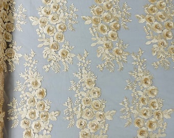 Champagne 3d floral design embroider and beaded with rhinestones on a mesh lace-prom-dresses-nightgown-apparel-fashion-sold by yard.