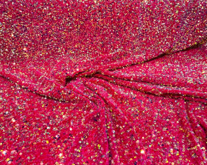 Clear Iridescent On fuchsia stretch velvet with luxury sequins all over 5mm shining sequins 2-way stretch, sold by the yard.