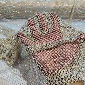 Champagne/nude AB Iridescent Rhinestones On Soft Stretch Fish Net Fabric 45&quot; Wide -sold by The Yard.