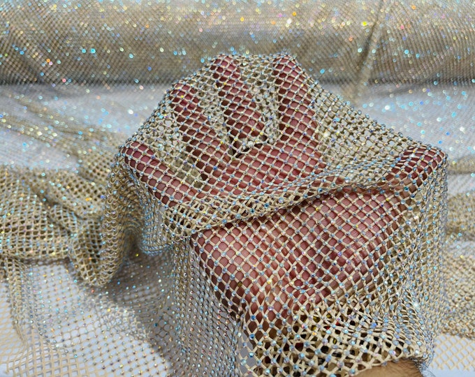 Champagne/nude AB Iridescent Rhinestones On Soft Stretch Fish Net Fabric 45" Wide -sold by The Yard.