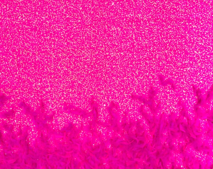 Neon Pink 5mm sequins on a stretch velvet with feathers  2-way stretch, sold by the yard