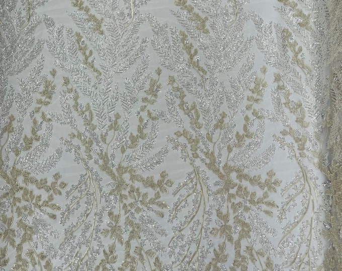 White Metallic Floral Beaded Lace Fabric /Wedding/Prom/Sequin lace Sold By The Yard.