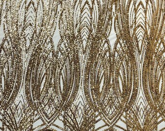 Gold Feather damask shiny sequin design on a 4 way stretch mesh Fabric-prom-sold by the yard.