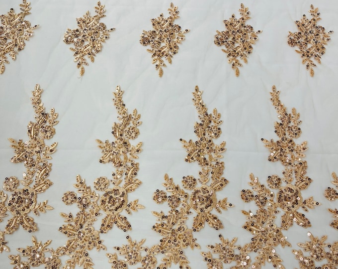 Champagne floral design embroider and beaded on a mesh lace fabric-Wedding/Bridal/Prom/Nightgown fabric.