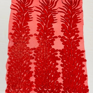 Red vegas design-Feathers Peacock with Embroidery sequins on stretch Mesh Lace Fabric (By 3 Panels)