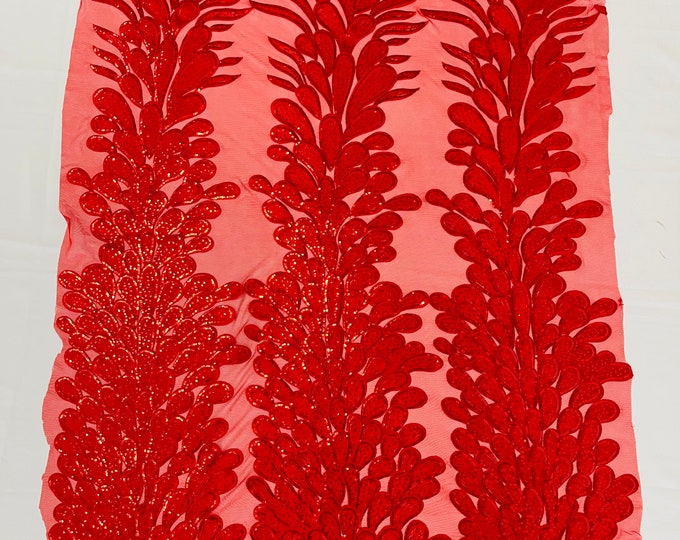 Red vegas design-Feathers Peacock with Embroidery sequins on stretch Mesh Lace Fabric (By 3 Panels)