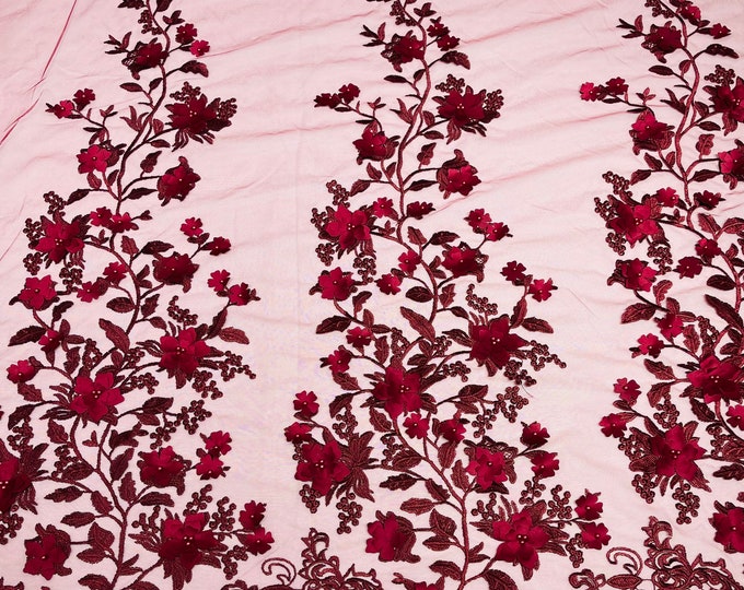 Burgundy Emily 3d floral design embroider with pearls in a mesh lace-sold by the yard.