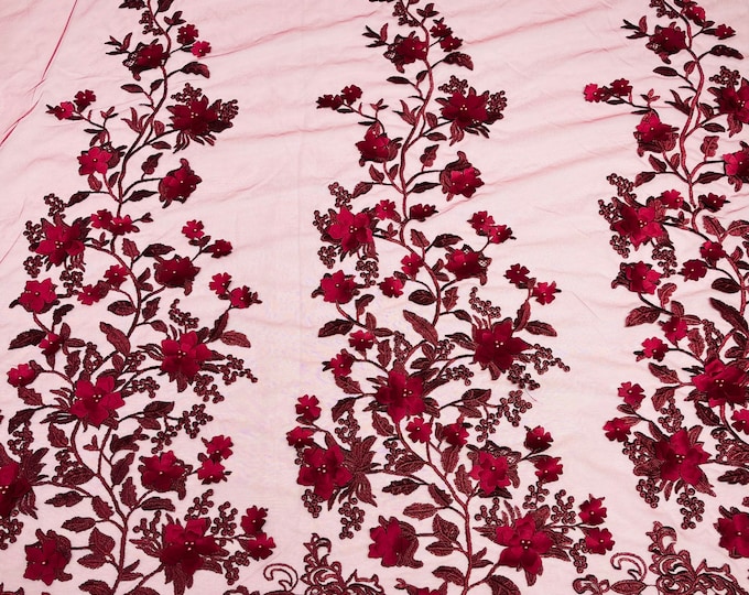 Burgundy Emily 3d floral design embroider with pearls in a mesh lace-sold by the yard.