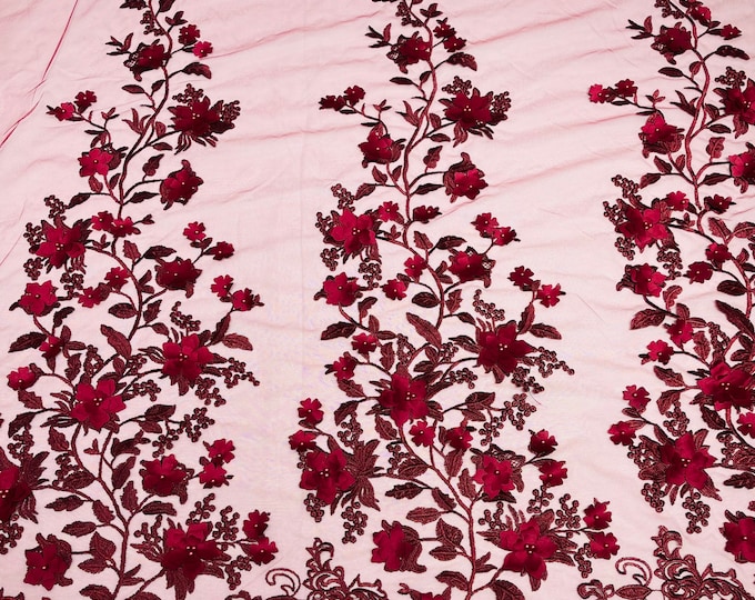 Burgundy Emily 3d floral design embroider with pearls in a mesh lace-sold by the yard.