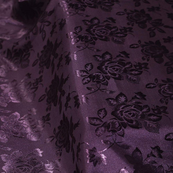 Eggplant 60" Wide Polyester Flower Brocade Jacquard Satin Fabric, Sold By The Yard.