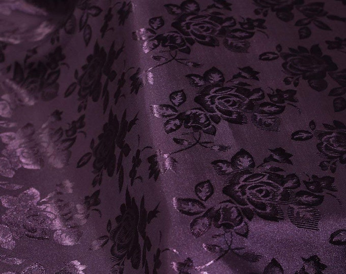 Eggplant 60" Wide Polyester Big Flower Brocade Jacquard Satin Fabric, Sold By The Yard.