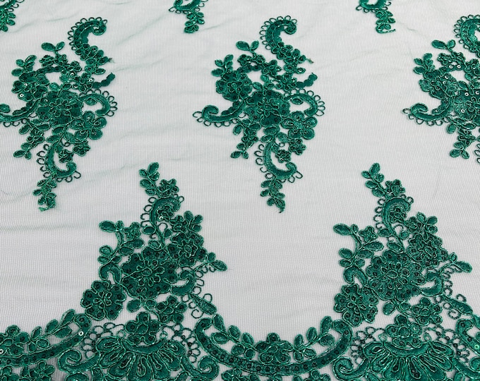 Metallic Hunter green flower lace corded and embroider with sequins on a mesh-Sold by the yard.