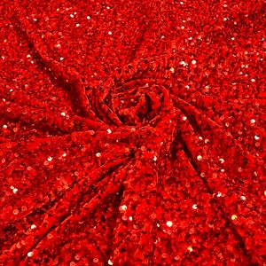 Red stretch velvet with luxury sequins all over 5mm shining sequins 2-way stretch, sold by the yard.