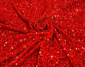 Red stretch velvet with luxury sequins all over 5mm shining sequins 2-way stretch, sold by the yard.
