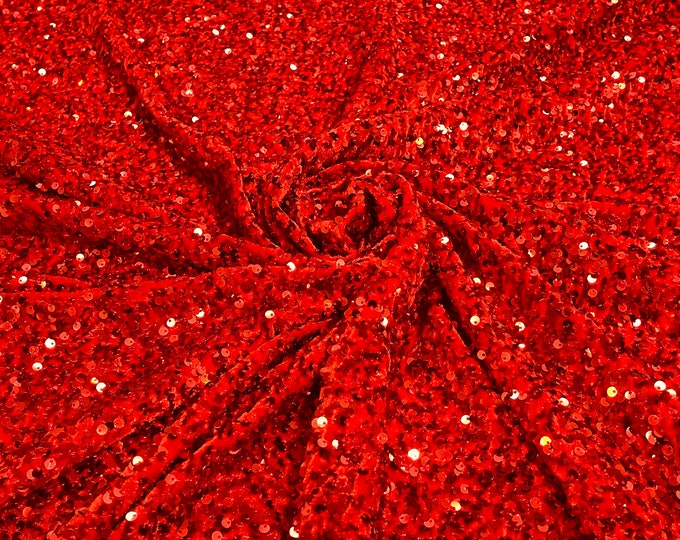 Red stretch velvet with luxury sequins all over 5mm shining sequins 2-way stretch, sold by the yard.