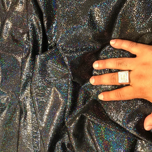 Black iridescent shattered glass design 4 way Stretch nylon spandex-dresses-fashion-leggings-baiting suits-apparel-sold by the yard