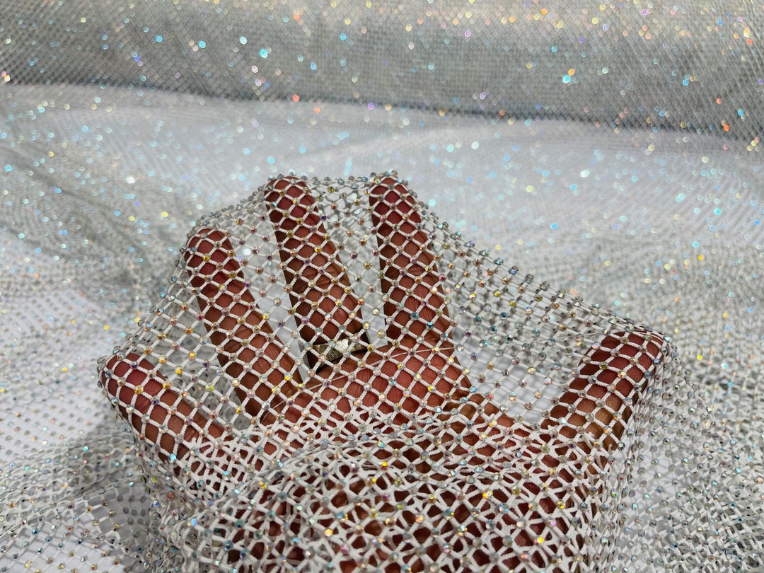 Fishnet Opacity Rhinestone White AB Iridescent Rhinestones on Soft Stretch Fish Net Fabric 45 ...