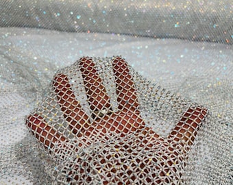 White AB Iridescent Rhinestones On Soft Stretch Fish Net Fabric 45" Wide -sold by The Yard.