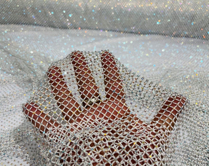 White AB Iridescent Rhinestones On Soft Stretch Fish Net Fabric 45" Wide -sold by The Yard.