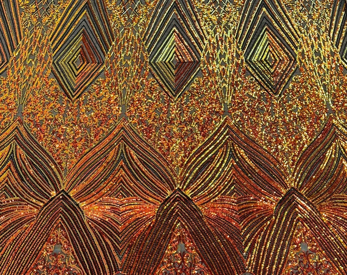 Red Orange Iridescent geometric diamond design with shiny sequins on a black 4 way stretch mesh fabric- sold by the yard.
