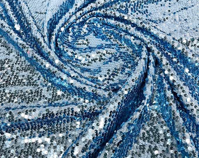 Light Blue Sequins Taffeta Fabric-Glitz Sequins Taffeta Fabric-Raindrop Sequins-54” Wide-Sold By The Yard.