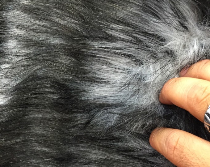 Gray/black husky faux fur, 2 tone shaggy faux fur. Sold by the yard.60" wide.