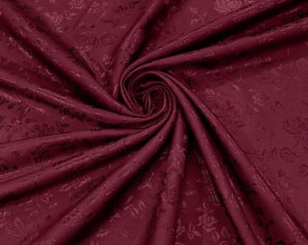 Burgundy 58" Wide Polyester Flower Brocade Jacquard Satin Fabric, Wedding, Dressmaking