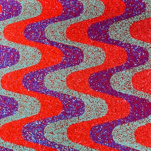 Orange/Lavender/Green Iridescent sequin Wave Design On orange stretch velvet all over 5mm shining sequins 2-way stretch.