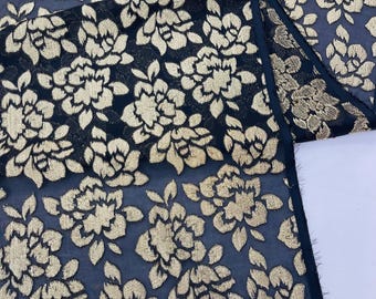 Gold Black 58" Wide Polyester Metallic Flower Brocade Jacquard Chiffon Fabric, Wedding, Dressmaking