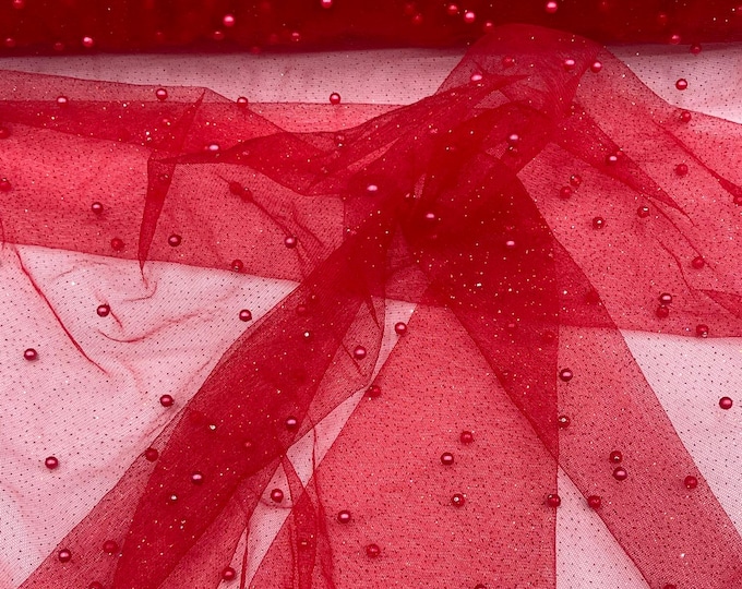 Red Pearl Glitter Studded Mesh, 2-Way Stretch Shimmer Mesh Fabric, Sold by the yard.