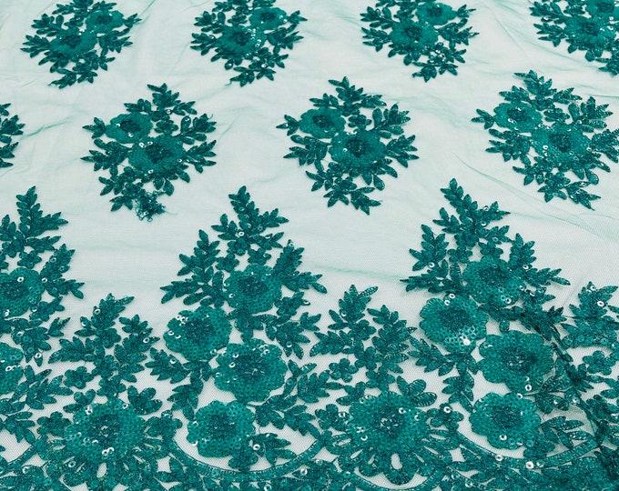 Jade Floral corded embroider with sequins on a mesh lace fabric-sold by the yard.