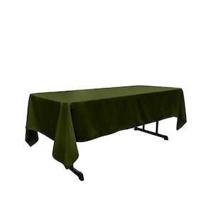 May include: A dark green rectangular tablecloth draped over a table. The tablecloth is made of a smooth, wrinkle-resistant fabric.